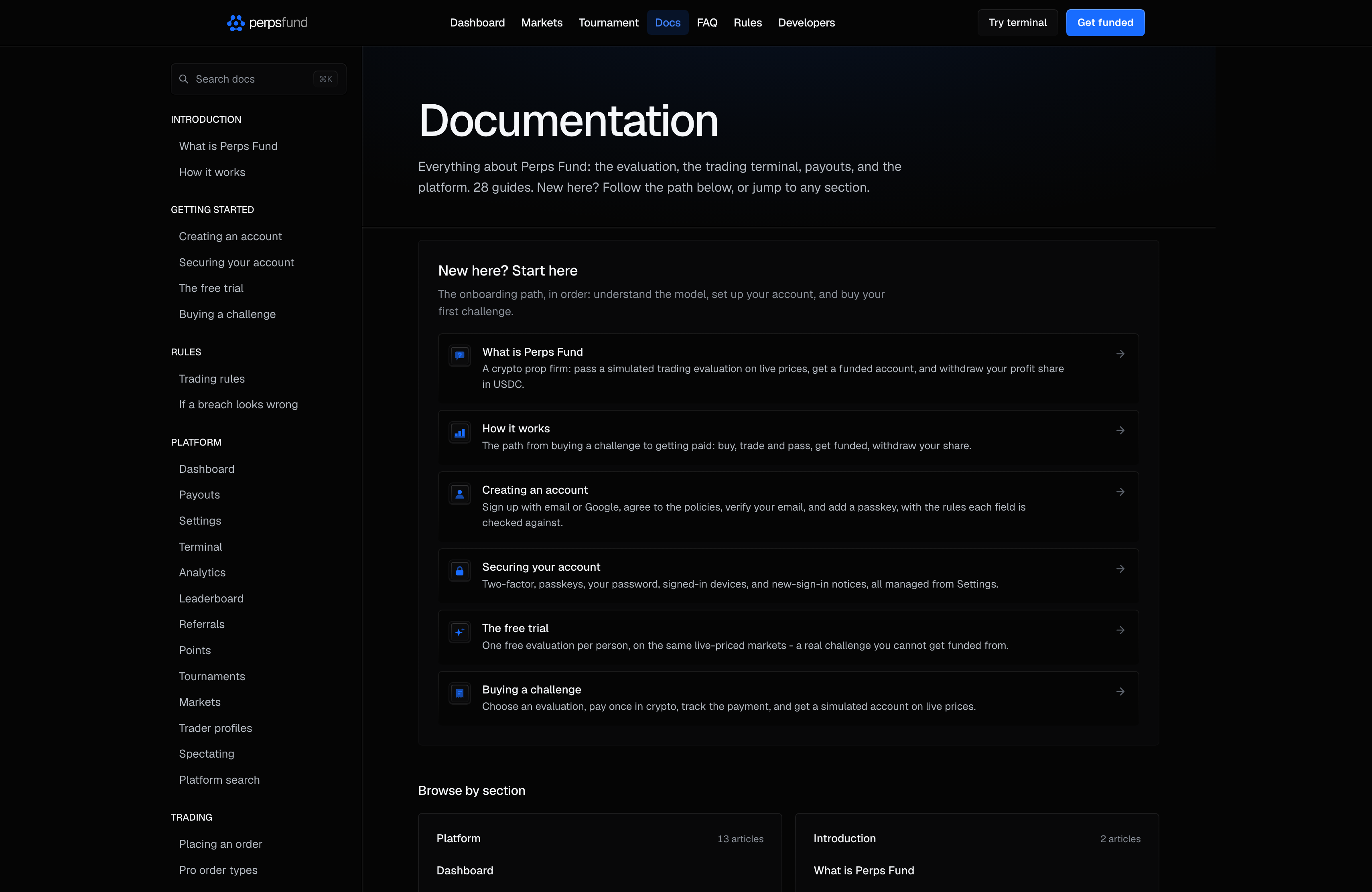 The docs home - the start-here path, with the section index in the sidebar