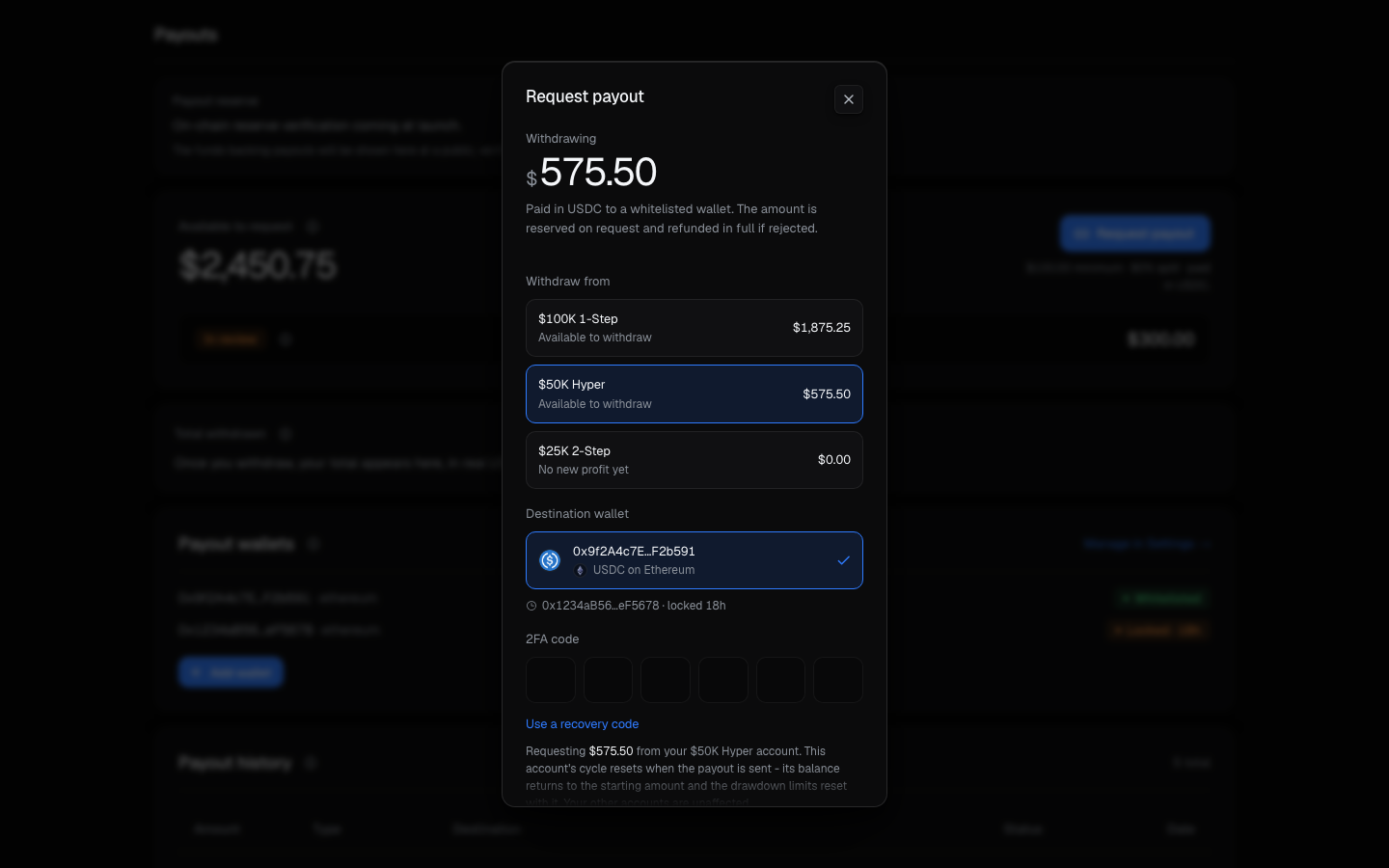 The payout request - choosing which account to draw from