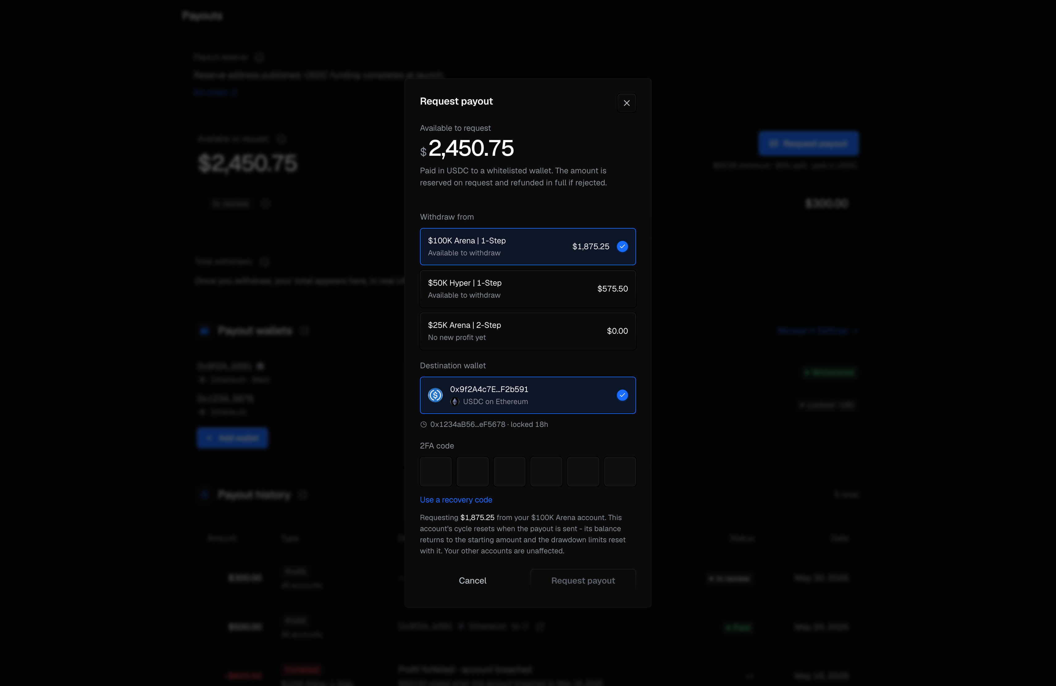 The payout request - the account, the wallet, and the two-factor step-up